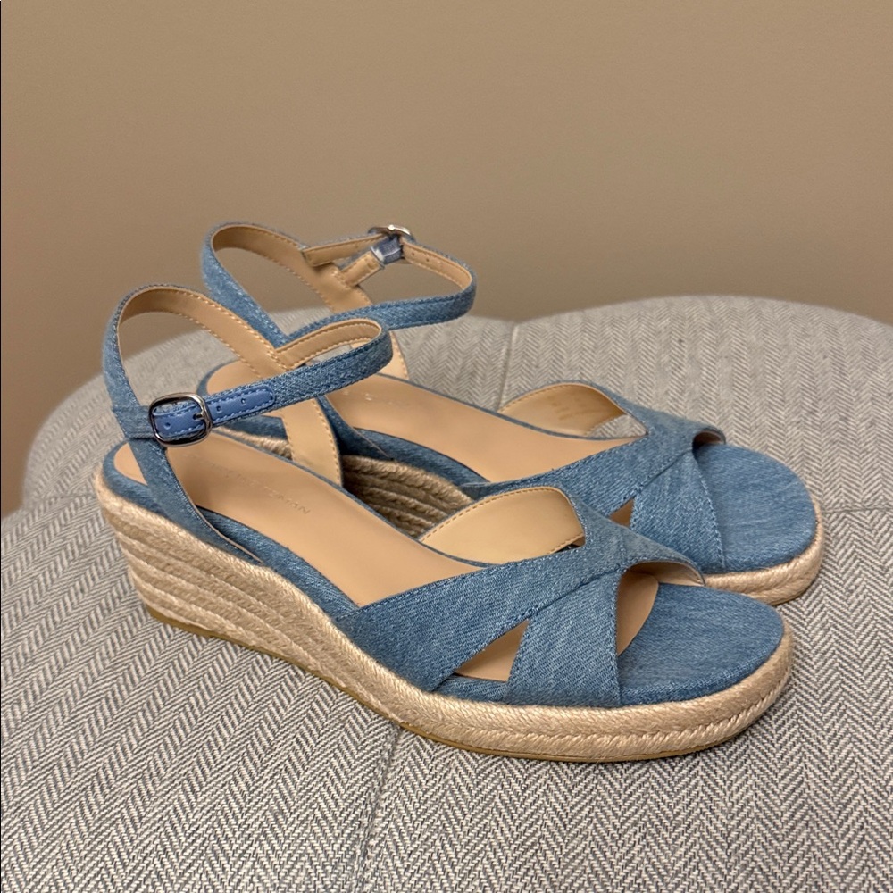 Stuart Weitzman Miami Espadrille canvas and leather wedge in mid-blue